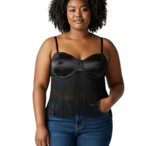 Club Exx Divine At Dusk Fringe Satin Crop Top Black XL NWT Festival
